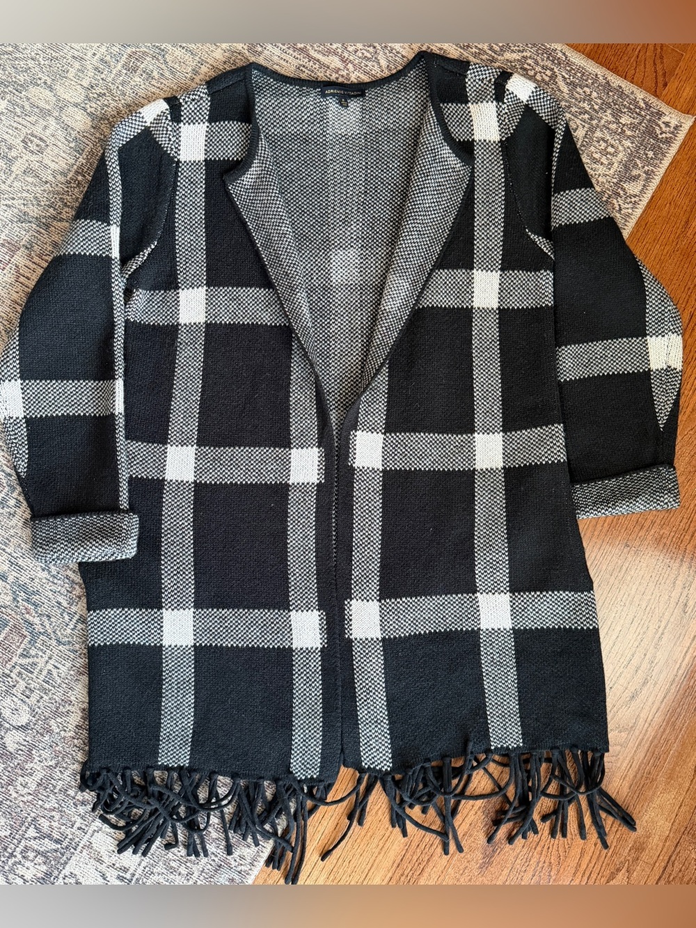 Adrienne Vittadini Black White Plaid Fringe Open Front Cardigan XL